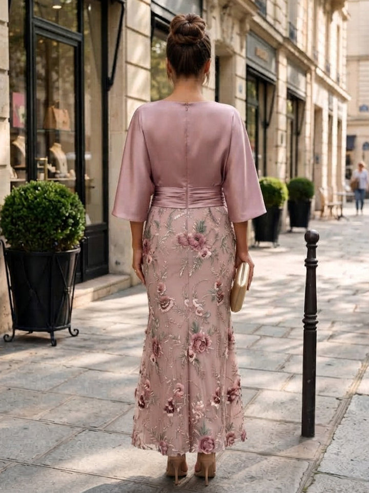 Tulle Sheath Jewel Neck Floor Length Floral Embroidery Formal Dresses
