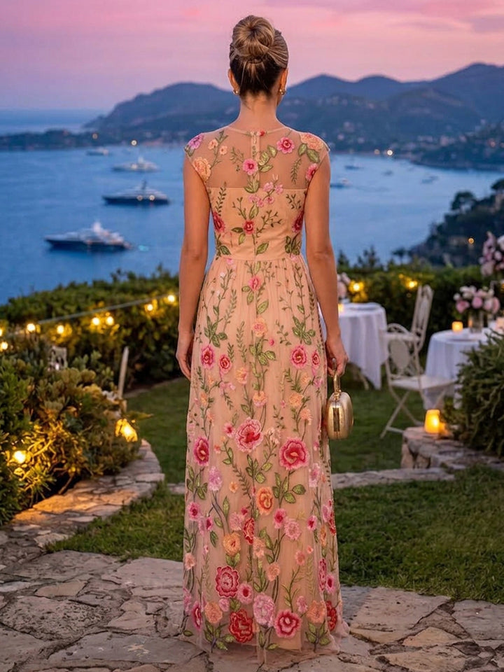 Tulle A Line Round Neck Floor Length Floral Embroidery Formal Dresses