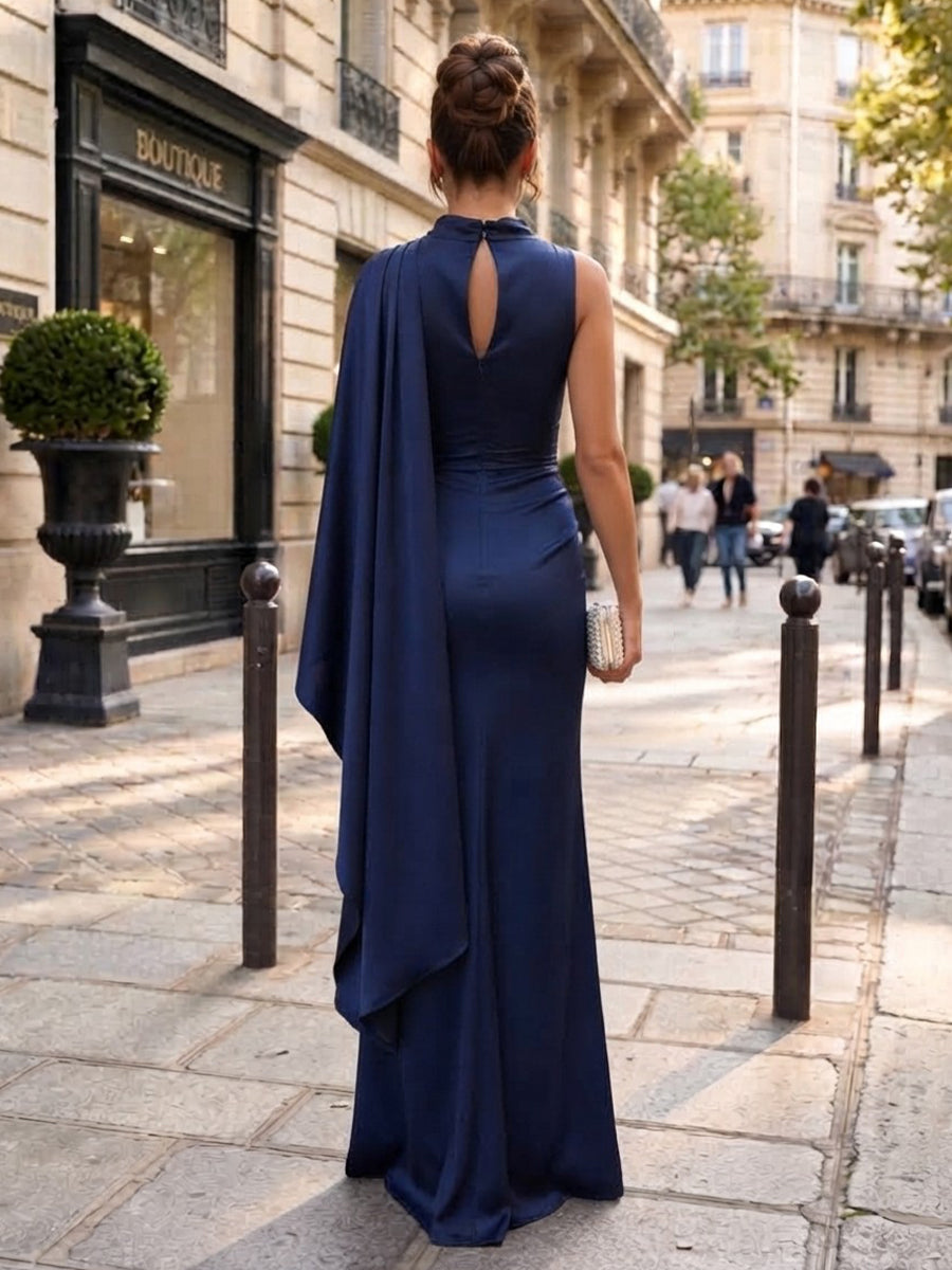 Satin Sheath Cowl Neck Floor Length Ruched Formal Dresses