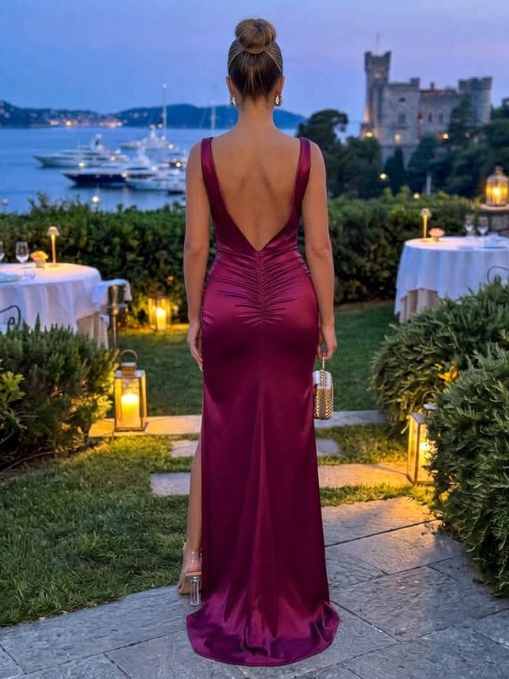 Satin Sheath Cowl Neck Floor Length High Slit Formal Dresses