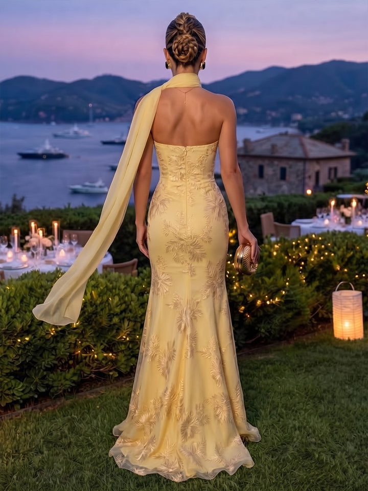Tulle Sheath Sweetheart Floor Length Corset Formal Dresses with Scarf