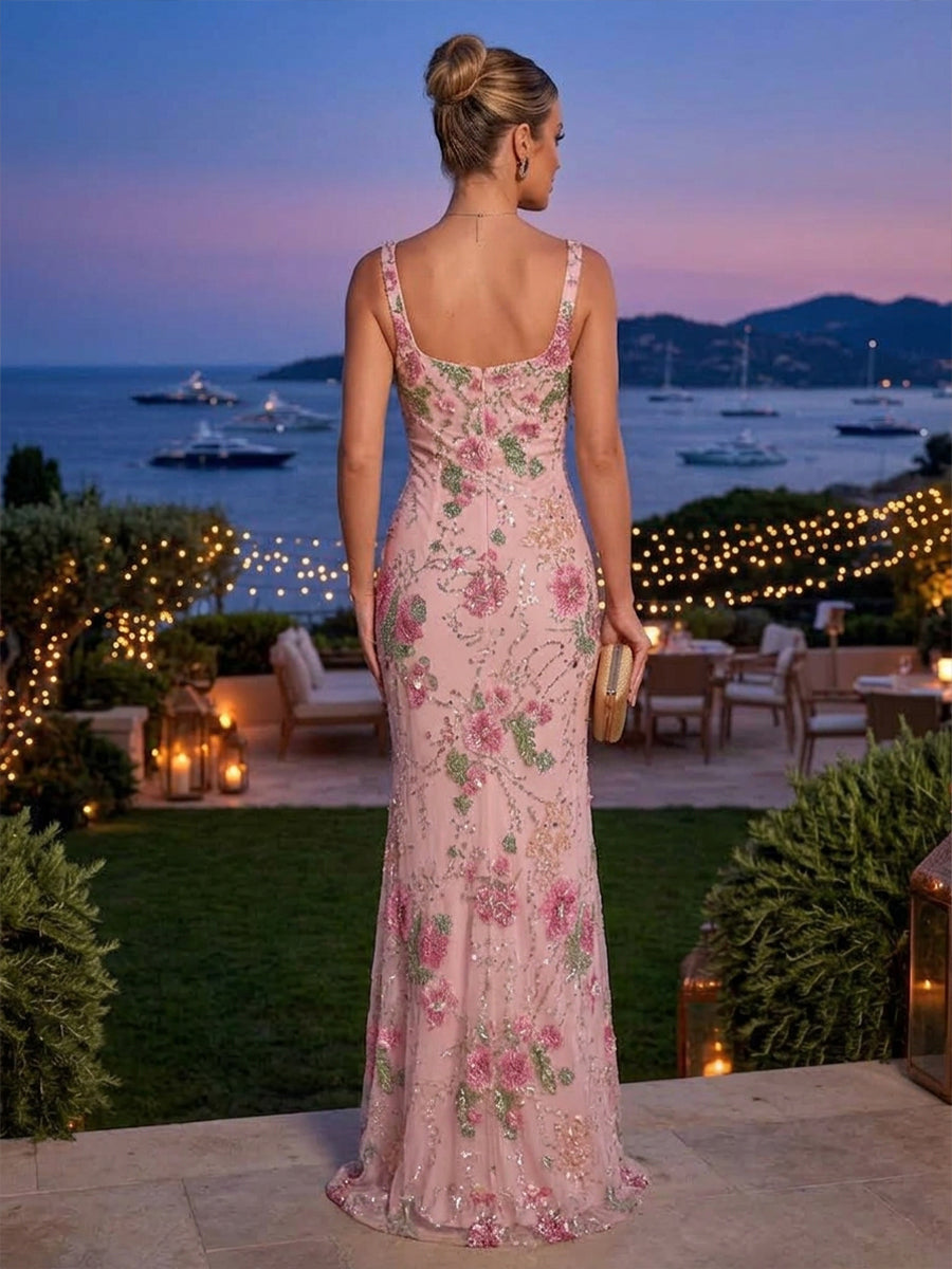 Tulle Sheath Square Neck Floor Length Floral Embroidery Formal Dresses
