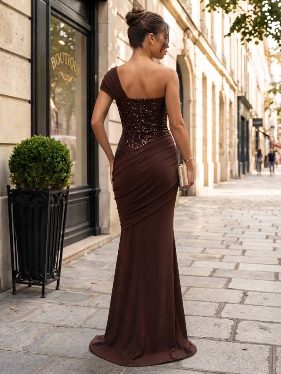 Sequin Sheath One Shoulder Floor Length Glitter Formal Dresses