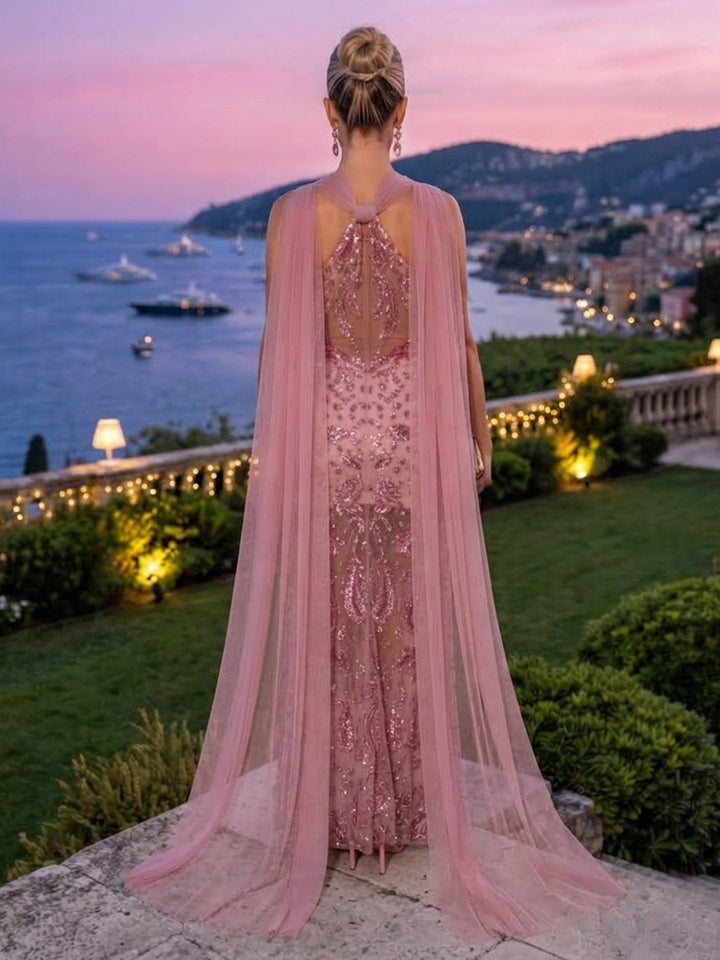 Tulle Sheath Halter Floor Length Sequin Embroidery Formal Dresses