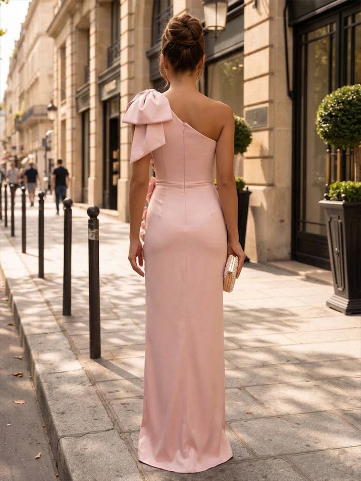 Satin Sheath One Shoulder Floor Length 3D Flowers Formal Dresses