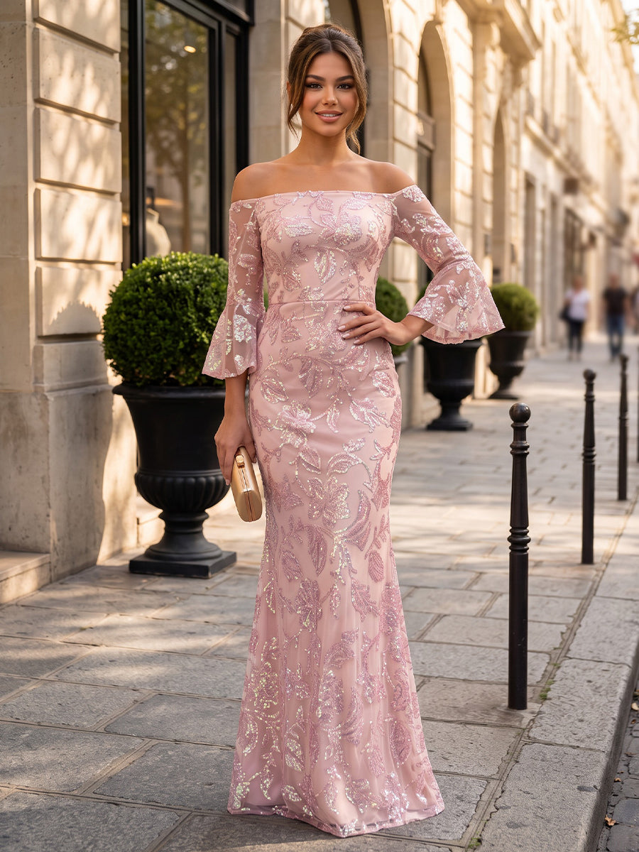 Tulle Sheath Off the Shoulder Floor Length Sequin Embroidery Formal Dresses