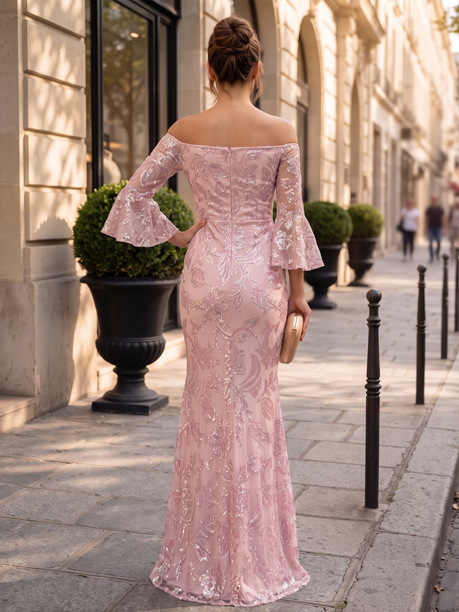 Tulle Sheath Off the Shoulder Floor Length Sequin Embroidery Formal Dresses