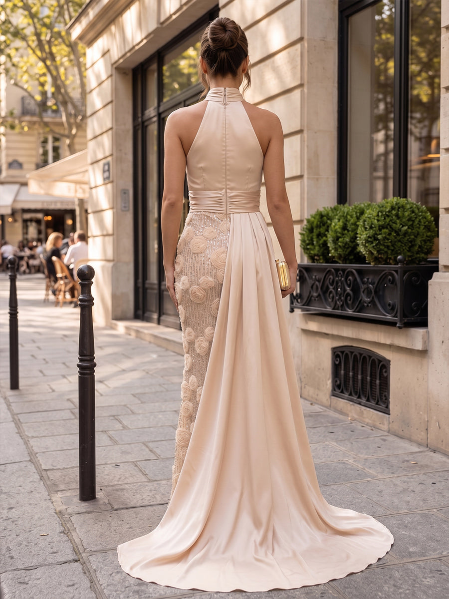 Sequin Mermaid Halter Floor Length Sequin Embroidery Formal Dresses