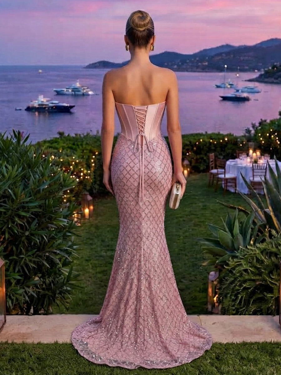 Satin Mermaid Strapless Floor Length Corset Formal Dresses