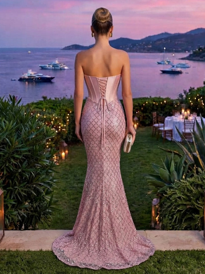 Satin Mermaid Strapless Floor Length Corset Formal Dresses