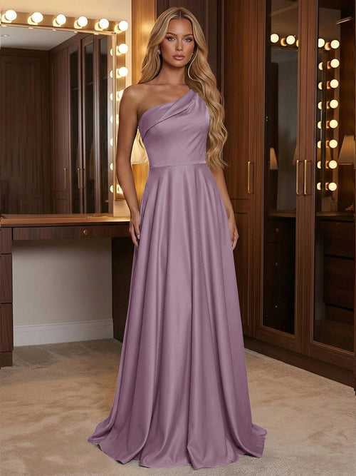 A Line One Shoulder Pleated Minimalist Bridesmaid Dresses with Pockets
