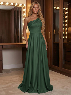 A Line One Shoulder Pleated Minimalist Bridesmaid Dresses with Pockets