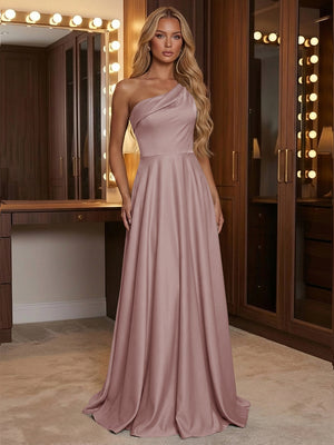 A Line One Shoulder Pleated Minimalist Bridesmaid Dresses with Pockets