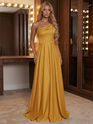 A Line One Shoulder Pleated Minimalist Bridesmaid Dresses with Pockets