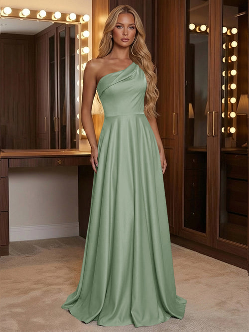 A Line One Shoulder Pleated Minimalist Bridesmaid Dresses with Pockets