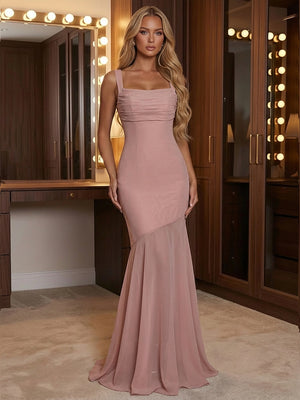 Mermaid Sleeveless Square Neck Formal Dresses with Sash