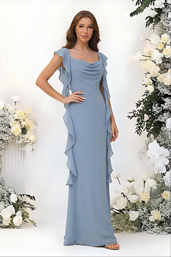 A Line Cowl Neck Sleeveless Long Chiffon Bridesmaid Dresses with Ruffles