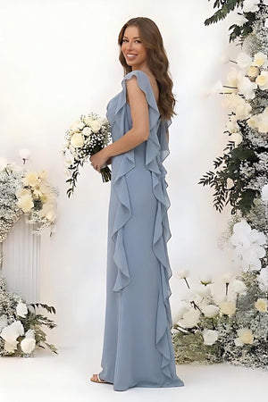 A Line Cowl Neck Sleeveless Long Chiffon Bridesmaid Dresses with Ruffles