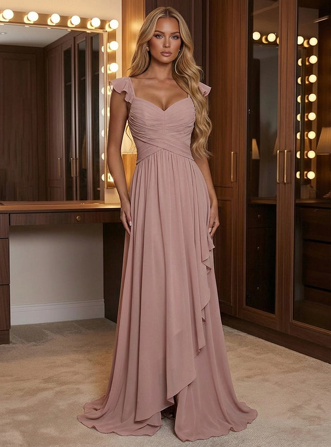 A Line Sweetheart Ruched Floor Length Bridesmaid Dresses with Ruffles