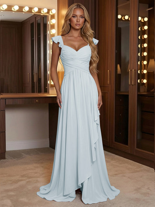 A Line Sweetheart Ruched Floor Length Bridesmaid Dresses with Ruffles