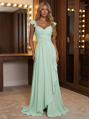 A Line Sweetheart Ruched Floor Length Bridesmaid Dresses with Ruffles