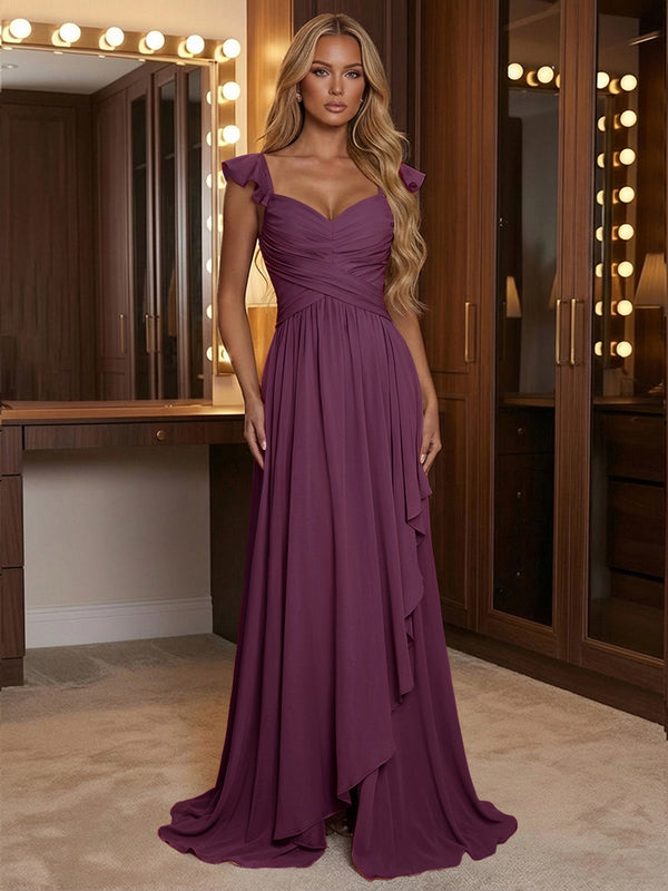 A Line Sweetheart Ruched Floor Length Bridesmaid Dresses with Ruffles