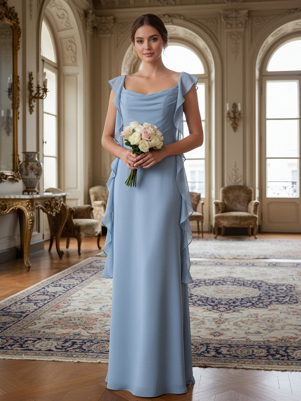 Ruffles Cowl Neck Mermaid Chiffon Bridesmaid Dresses