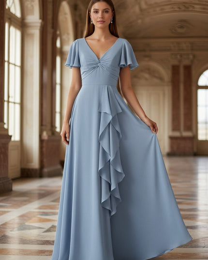 Ruffles Short Sleeves Pleated Long Bridesmaid Dresses