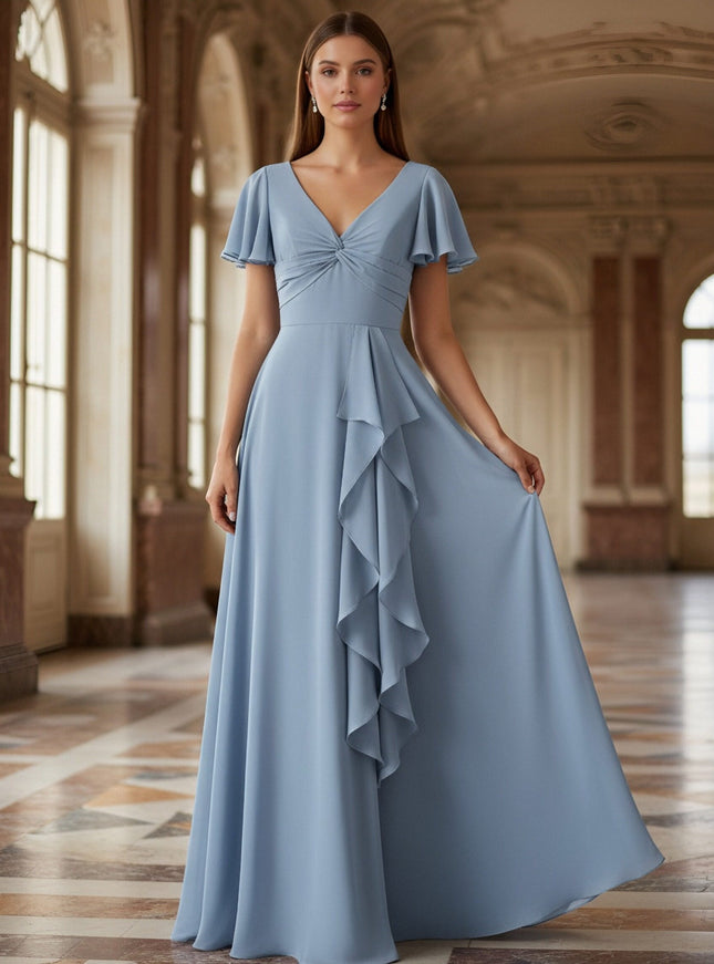 Ruffles Short Sleeves Pleated Long Bridesmaid Dresses