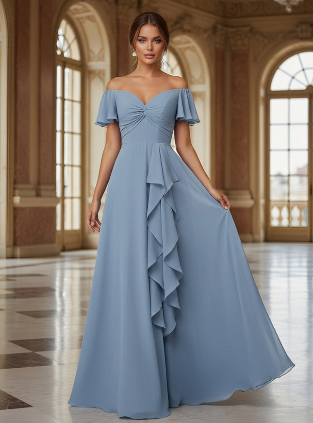 Ruffles Off the Shoulder Pleated Chiffon Bridesmaid Dresses