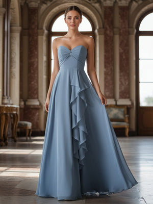 Strapless Ruffles Pleated Long Bridesmaid Dresses