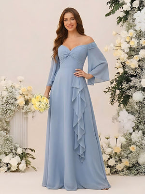 Off the Shoulder Long Sleeves Chiffon Formal Dresses with Ruffles