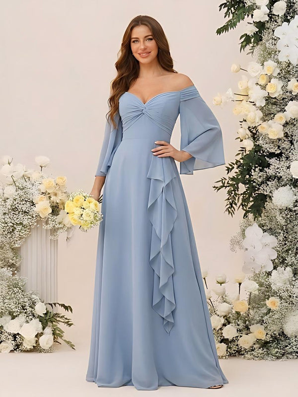 Off the Shoulder Long Sleeves Chiffon Formal Dresses with Ruffles