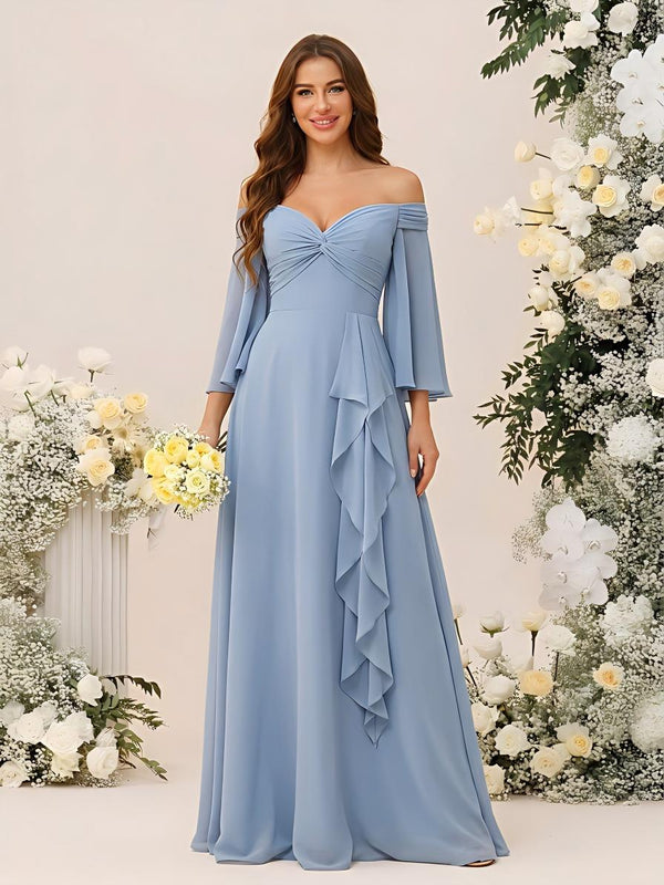 Off the Shoulder Long Sleeves Chiffon Formal Dresses with Ruffles