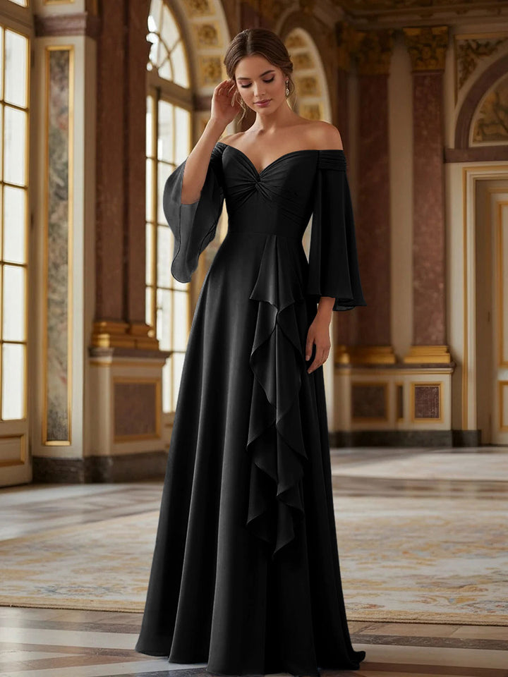 Off the Shoulder Long Sleeves Chiffon Formal Dresses with Ruffles
