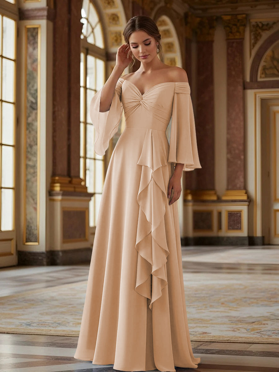 Off the Shoulder Long Sleeves Chiffon Formal Dresses with Ruffles
