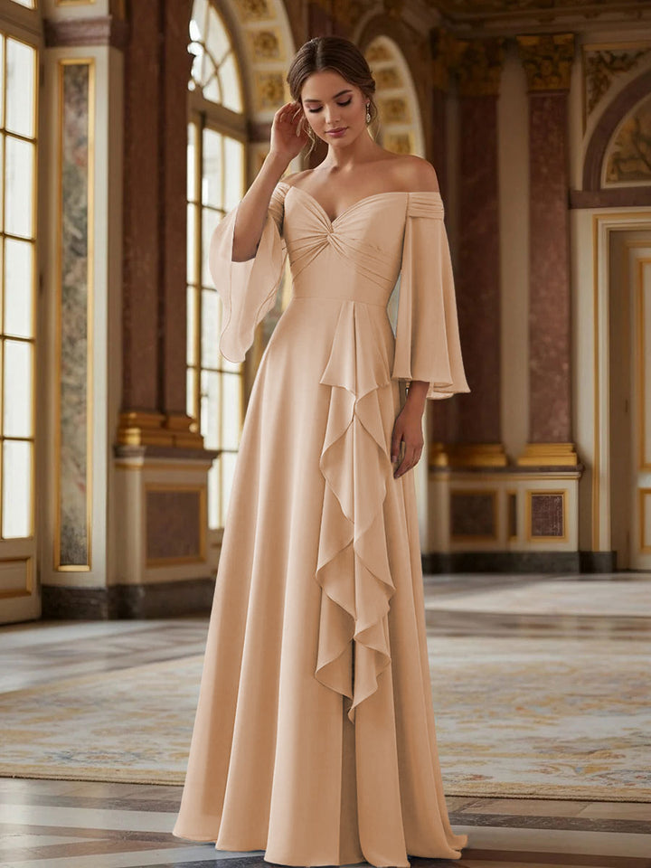 Off the Shoulder Long Sleeves Chiffon Formal Dresses with Ruffles
