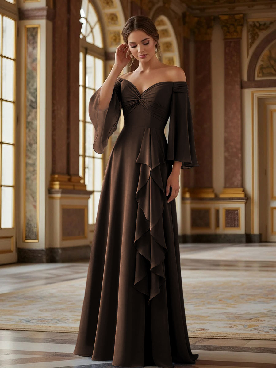 Off the Shoulder Long Sleeves Chiffon Formal Dresses with Ruffles