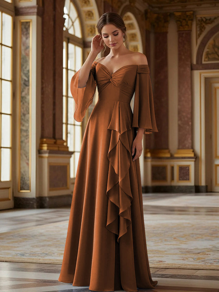 Off the Shoulder Long Sleeves Chiffon Formal Dresses with Ruffles