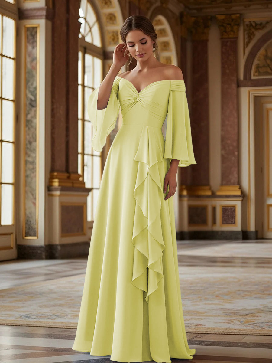 Off the Shoulder Long Sleeves Chiffon Formal Dresses with Ruffles