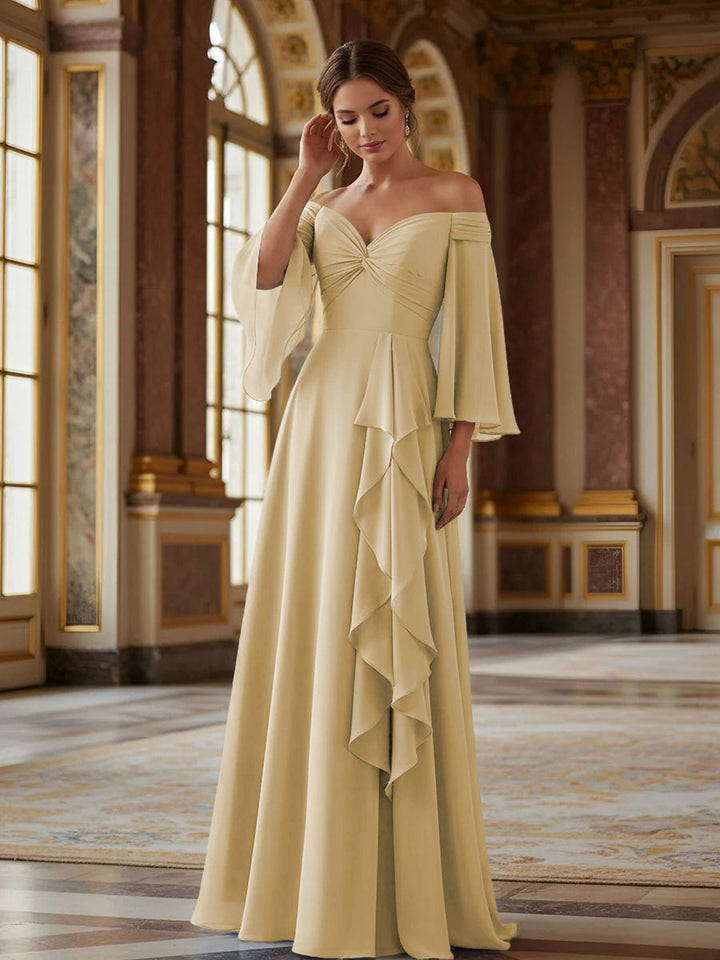 Off the Shoulder Long Sleeves Chiffon Formal Dresses with Ruffles
