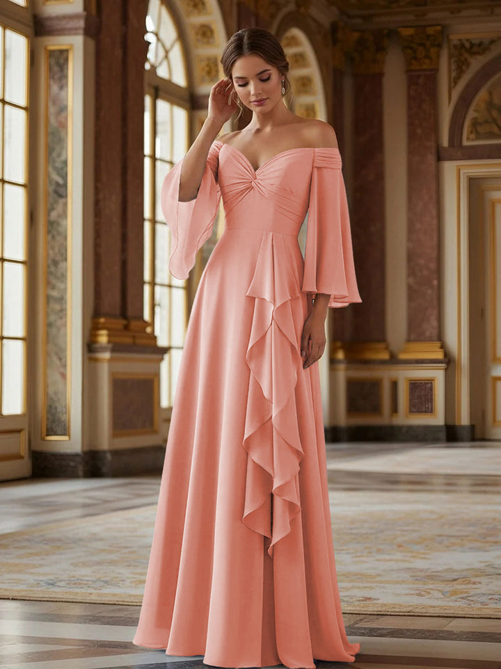 Off the Shoulder Long Sleeves Chiffon Formal Dresses with Ruffles