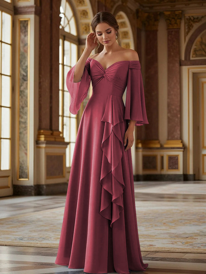 Off the Shoulder Long Sleeves Chiffon Formal Dresses with Ruffles