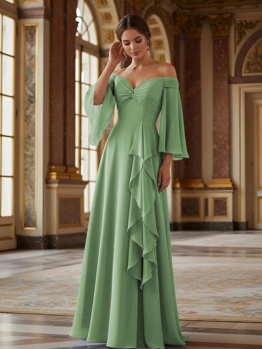 Off the Shoulder Long Sleeves Chiffon Formal Dresses with Ruffles