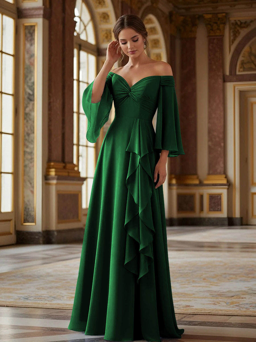 Off the Shoulder Long Sleeves Chiffon Formal Dresses with Ruffles