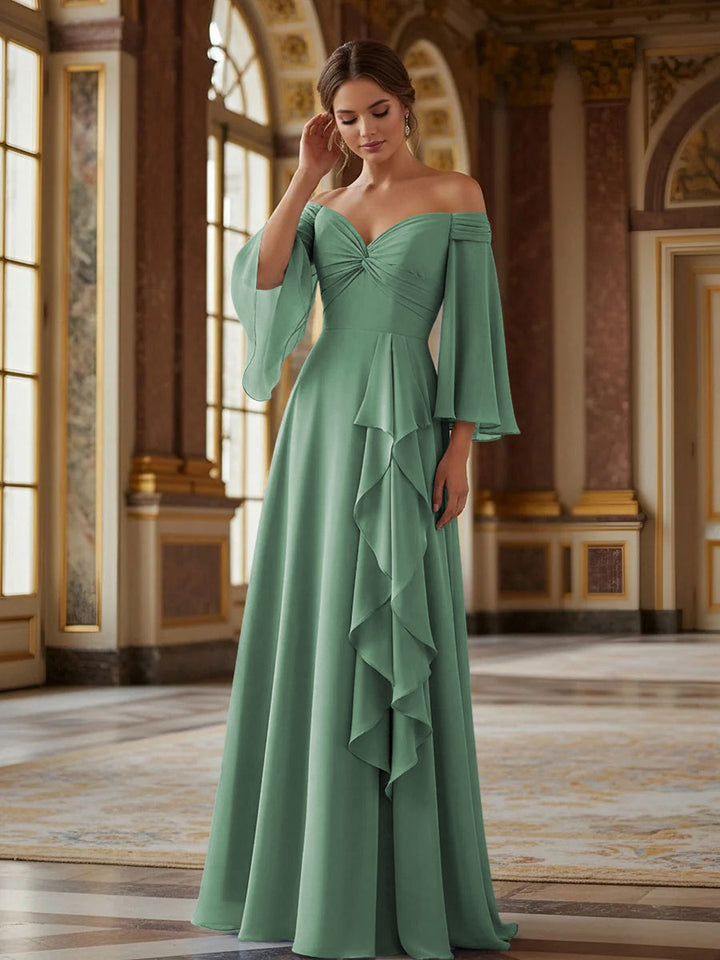 Off the Shoulder Long Sleeves Chiffon Formal Dresses with Ruffles