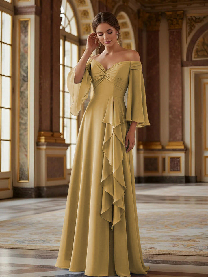 Off the Shoulder Long Sleeves Chiffon Formal Dresses with Ruffles