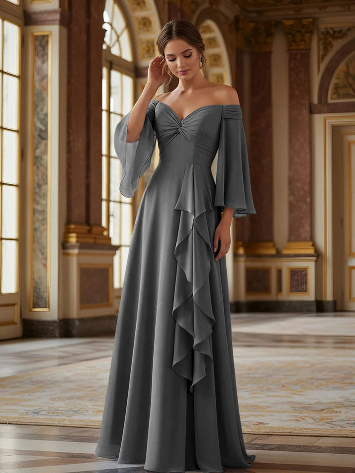 Off the Shoulder Long Sleeves Chiffon Formal Dresses with Ruffles