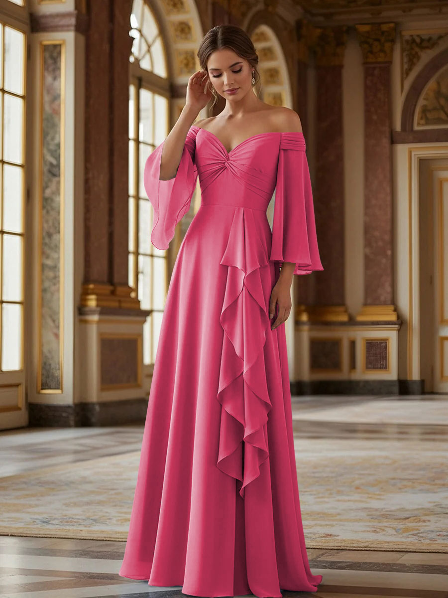 Off the Shoulder Long Sleeves Chiffon Formal Dresses with Ruffles