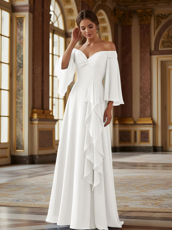 Off the Shoulder Long Sleeves Chiffon Formal Dresses with Ruffles